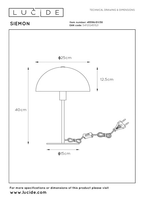 Lucide SIEMON - Tafellamp - Ø 25 cm - 1xE14 - Zwart - technisch